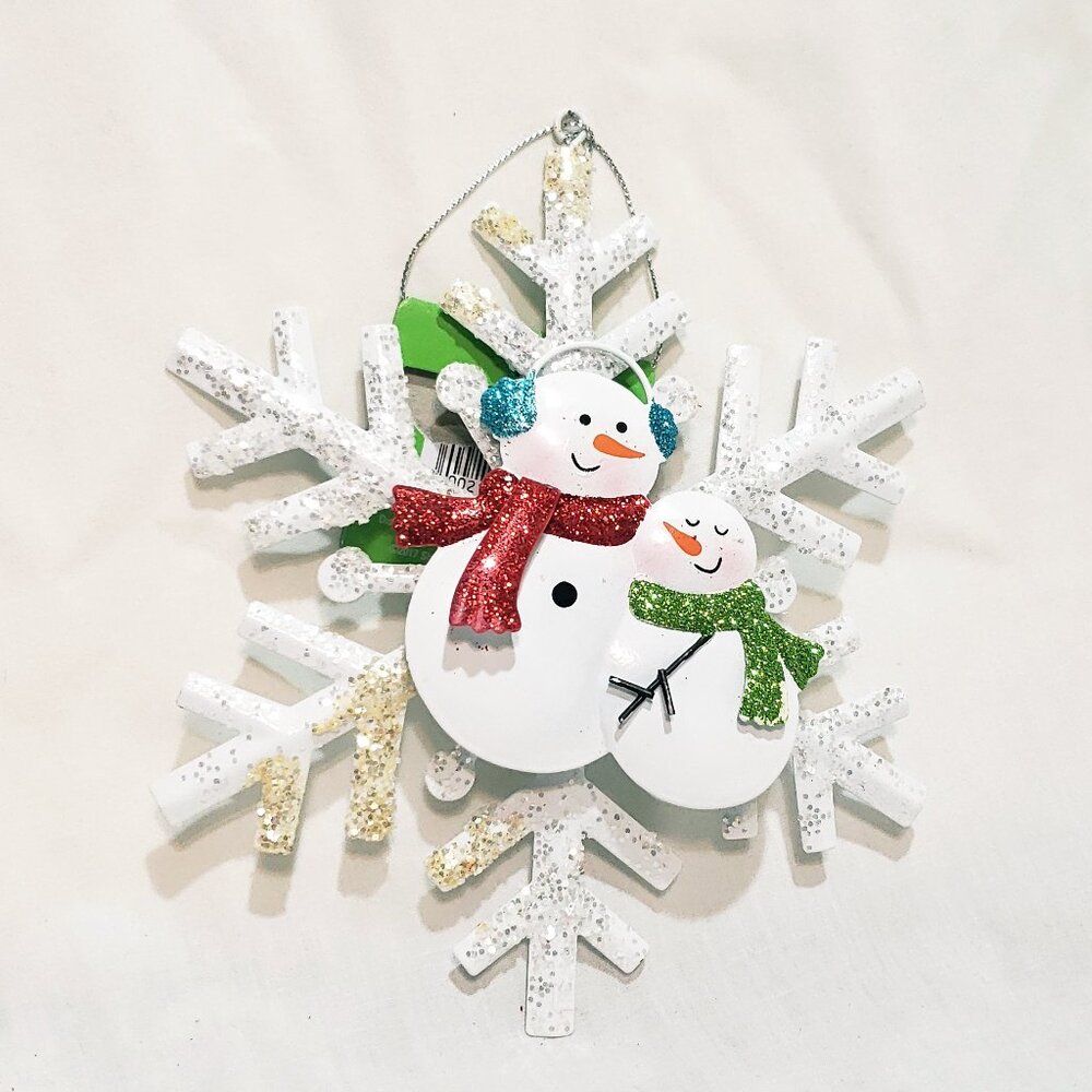 Snowman with Child Snowflake Christmas Ornament 6" Holiday Metal Glitter